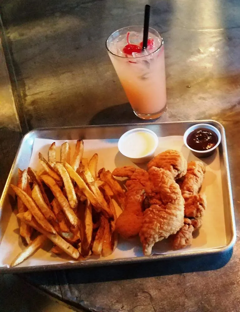 Chicken Tenders and Fries with Pink Kitty Drink